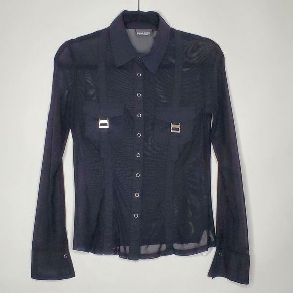 Bisou Bisou Sheer Black Top Size M Snap Front Buckle Pocket Shirt Cyber Goth - Picture 12 of 13
